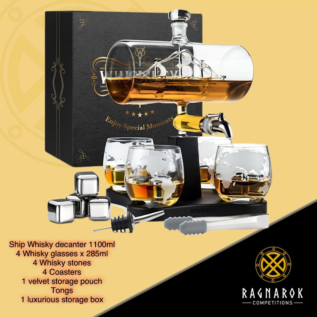 Ship whisky decanter, 4 whisky glasses, 4 whisky stones